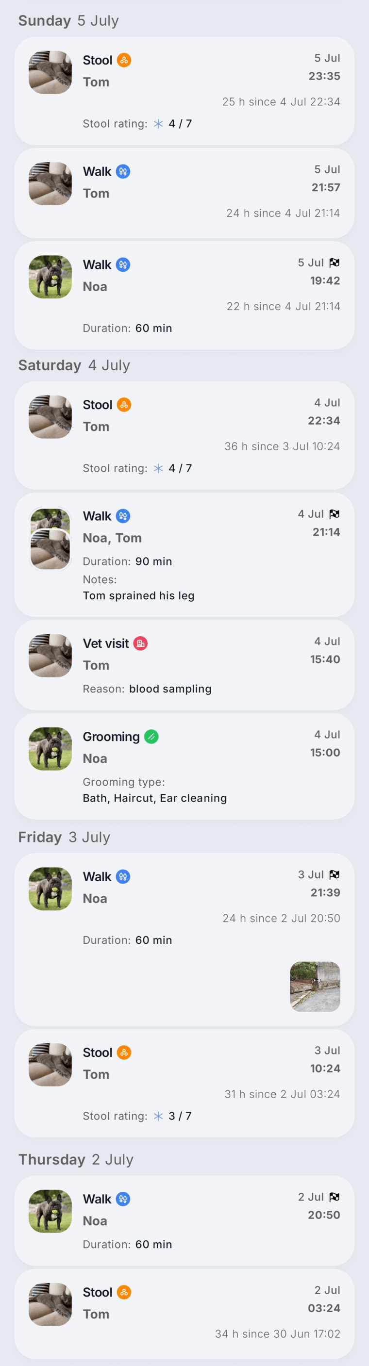 Belori app — Event Journal: walks, stool, vet visits and grooming for two pets in one timeline, every entry stamped with the time since the last event of the same type