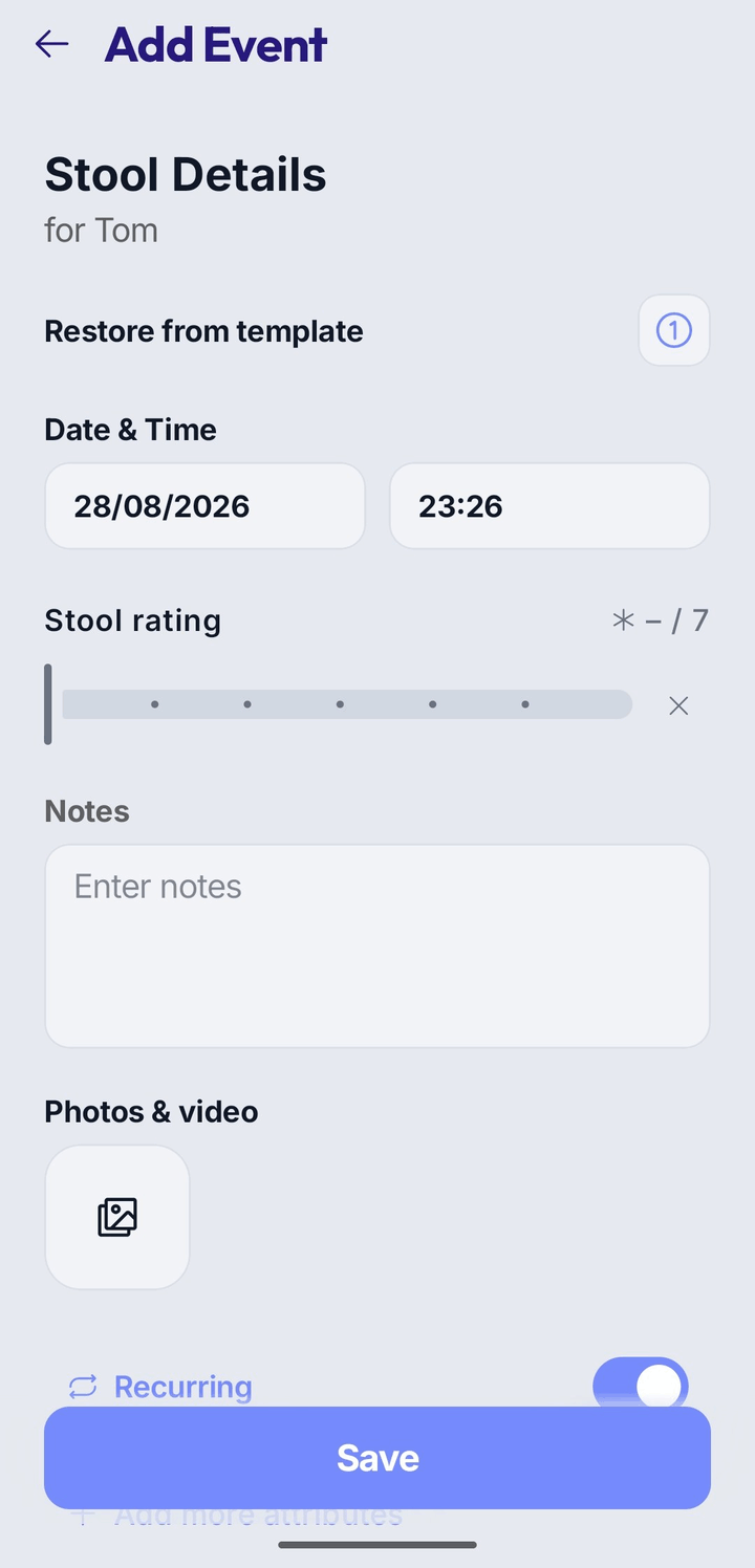 Belori app — Add Event screen opens prefilled, ready to save