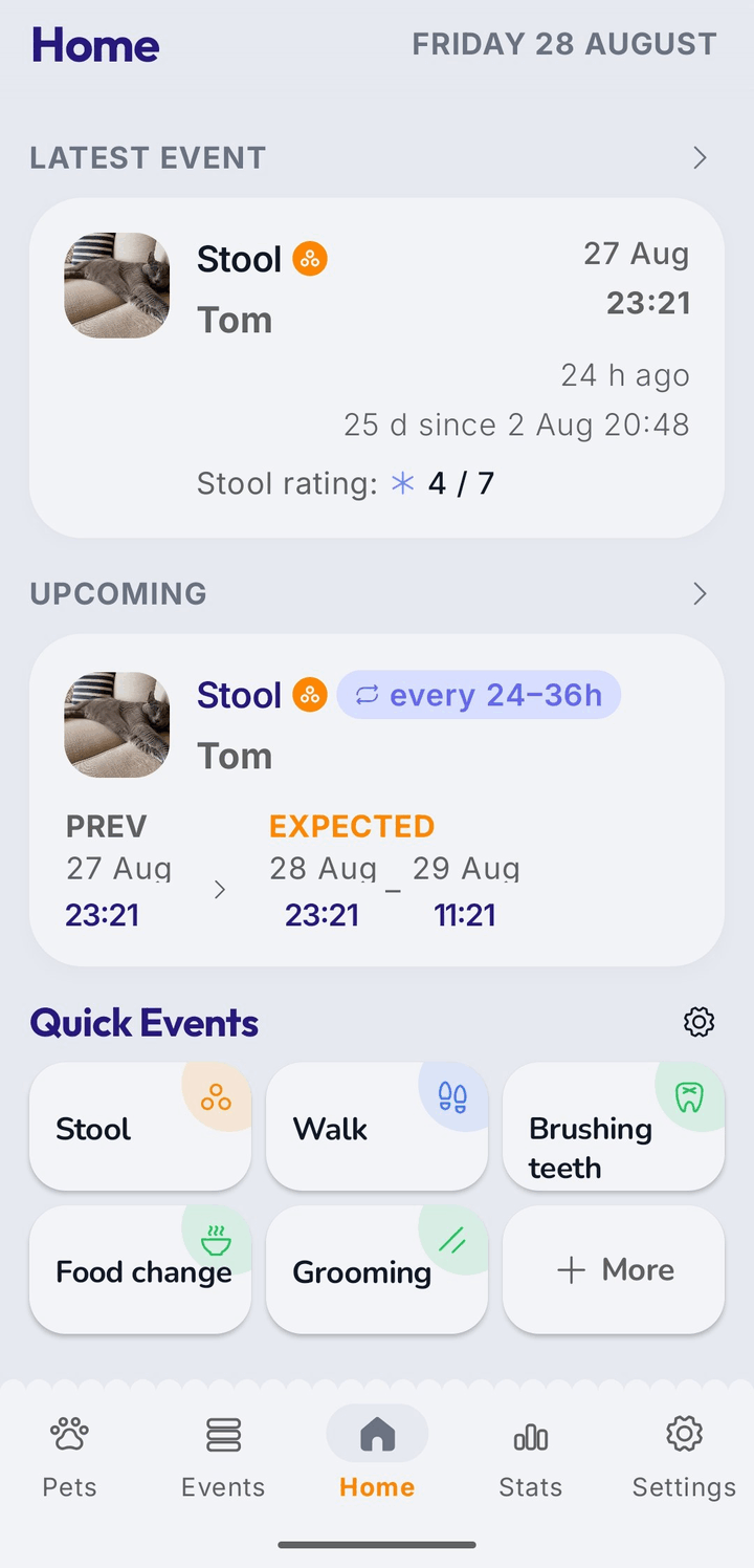 Belori app — Home screen with the latest event and one-tap quick event logging