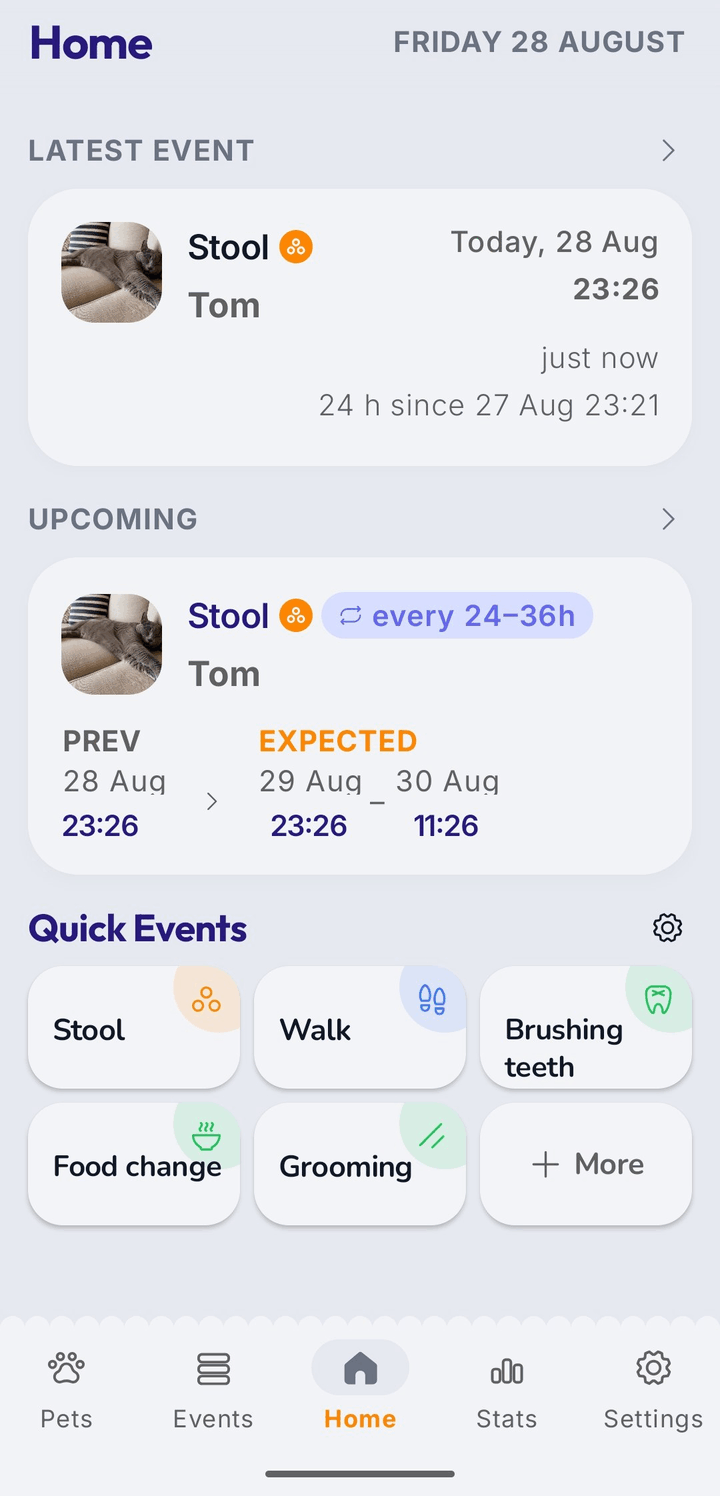 Belori app — Home screen with the new stool event saved seconds later