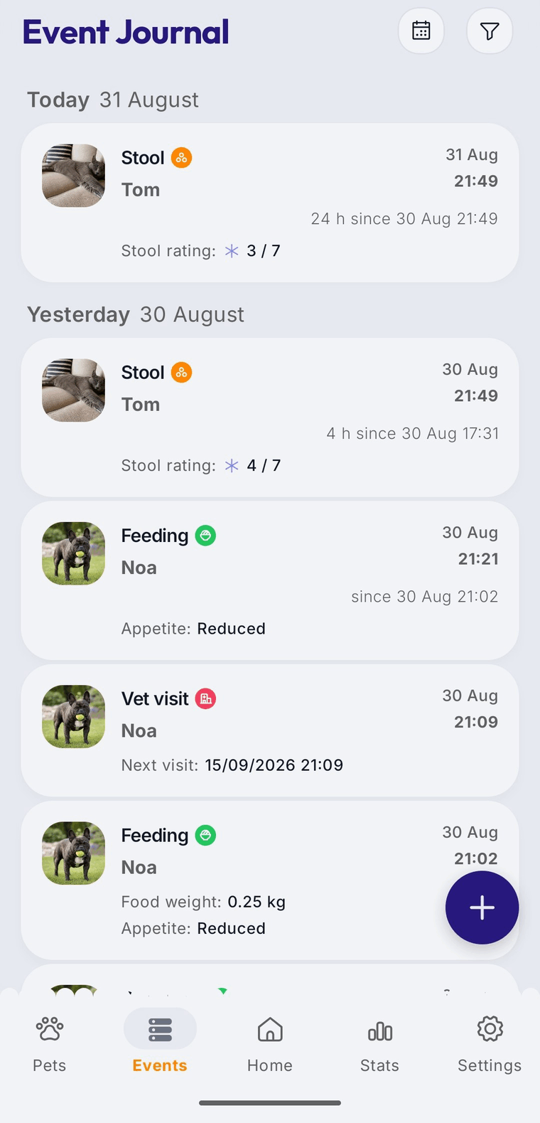Belori app — Event Journal, the newest entry showing its time since the previous one of the same type