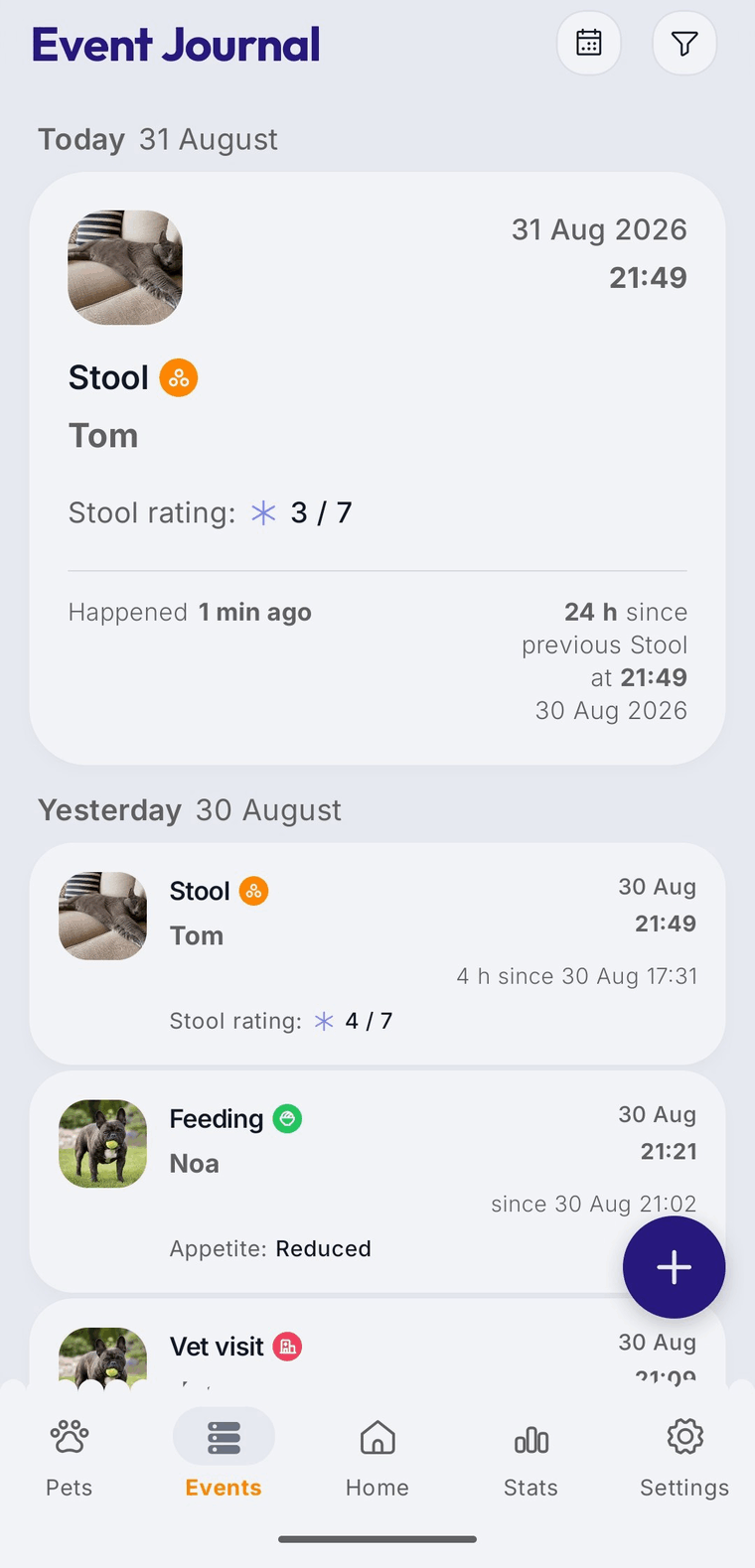 Belori app — the same entry opened: 24 h since the previous Stool, at 21:49 on 30 Aug